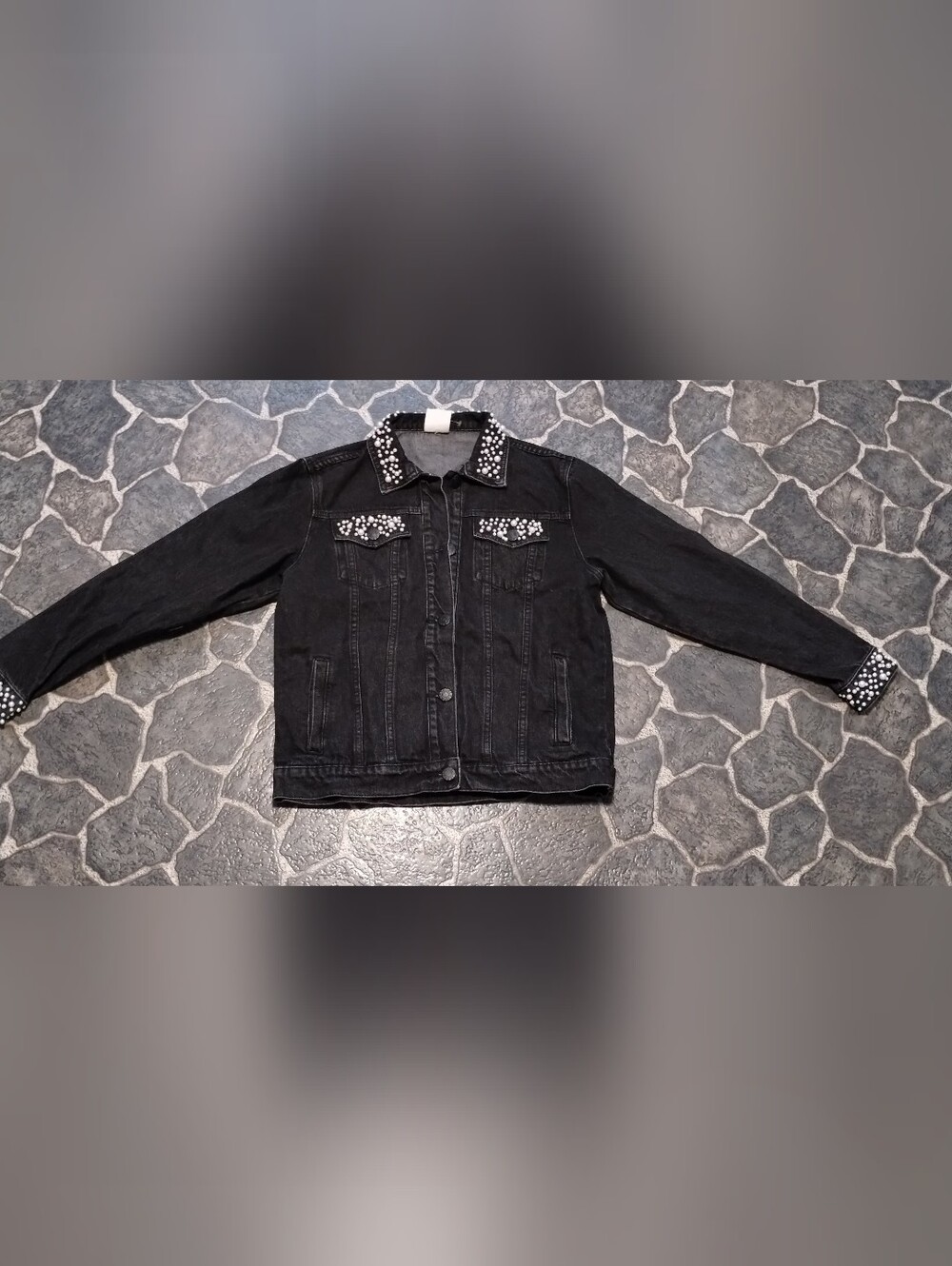 VOCAL Women's black denim button up jacket pearl embellishments Size Small
